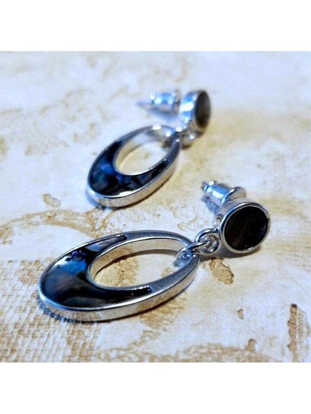 Open Oval Paua Shell Mid Century Style Modernist Dangle Earrings Silver Tone